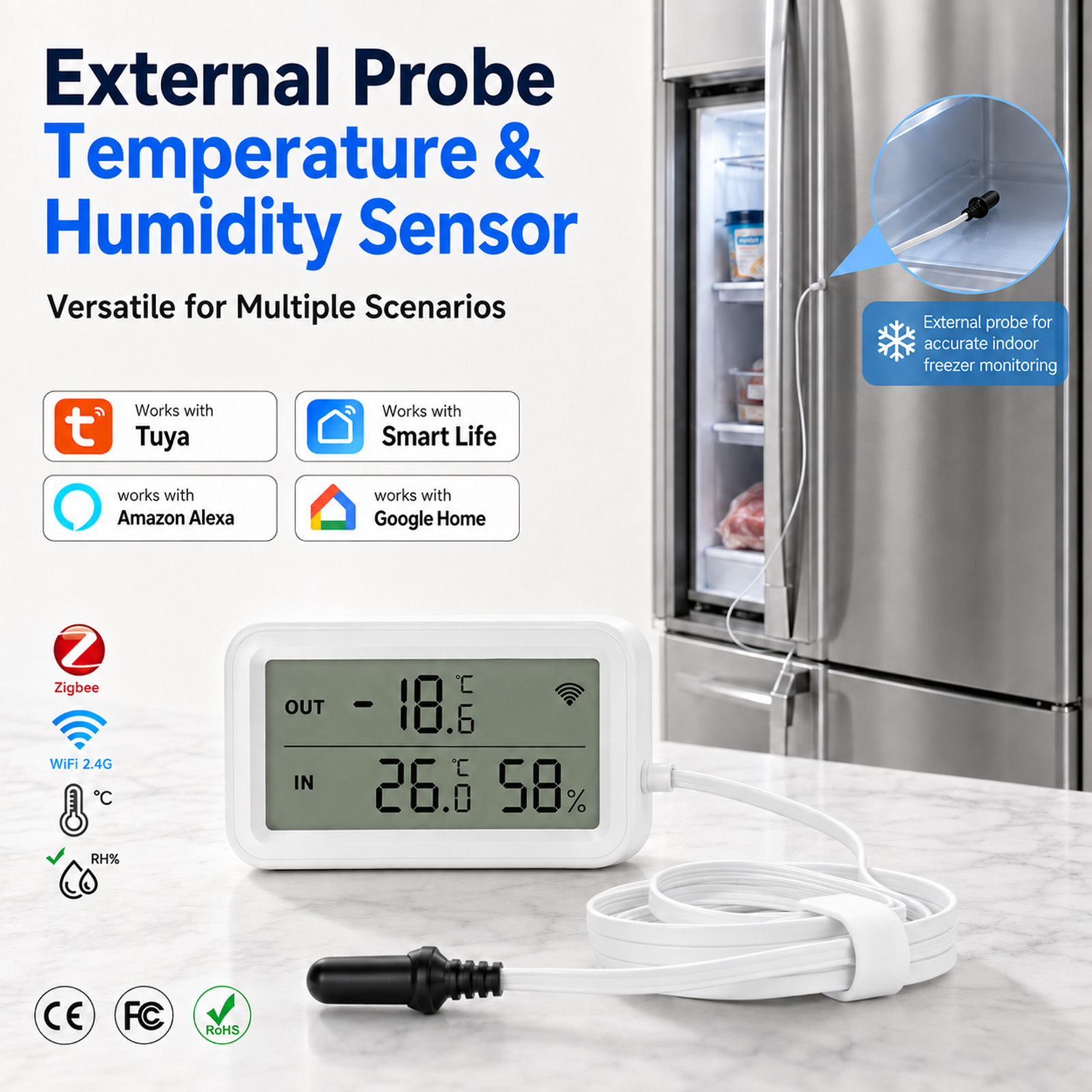 Aquarium Thermometer - เซ็นเซอร์วัดอุณหภูมิและความชื้นภายนอกแบบกันน้ำ Tuya WiFi Zigbee พร้อมหน้าจอ LCD