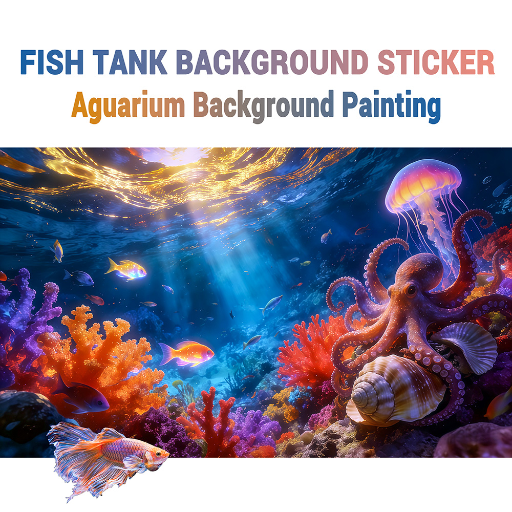 Aquarium Fish Paradise - สติกเกอร์ติดพื้นหลังตู้ปลา ลาย Octopus Paradise สติกเกอร์แบบมีกาวในตัวสำหรับตู้ปลาและตู้เลี้ยงสัตว์เลื้อยคลาน