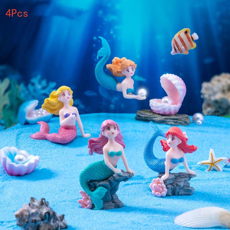 Aquarium Fish Items - 4 ชิ้นพลาสติกตู้ปลาประดับรูปนางเงือกน้อยตุ๊กตาจิ๋วตกแต่งตู้ปลา DIY ตกแต่งเค้กโต๊ะอุปกรณ์งานฝีมือ