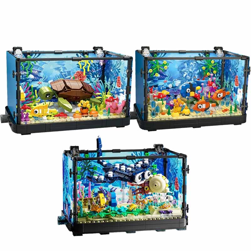 Aquarium Fish Saltwater - ชุดบล็อกตัวต่อตู้ปลาพร้อมไฟ，ตู้ปลา，เต่าทะเล，ของเล่นตัวต่อสำหรับเด็กอายุ 14 ปีขึ้นไป，ของขวัญ，ของตกแต่งบ้าน