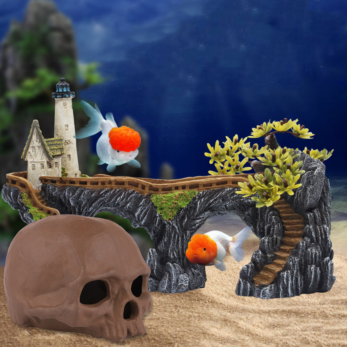 Aquarium Fish Unique - ของตกแต่งตู้ปลาดีไซน์หัวกะโหลก งานปั้นเซรามิกตกแต่ง ของตกแต่งตู้ปลาที่มีเอกลักษณ์ หัวกะโหลกประดิษฐ์ ปลอดภัยสำหรับใช้งานใต้น้ำ