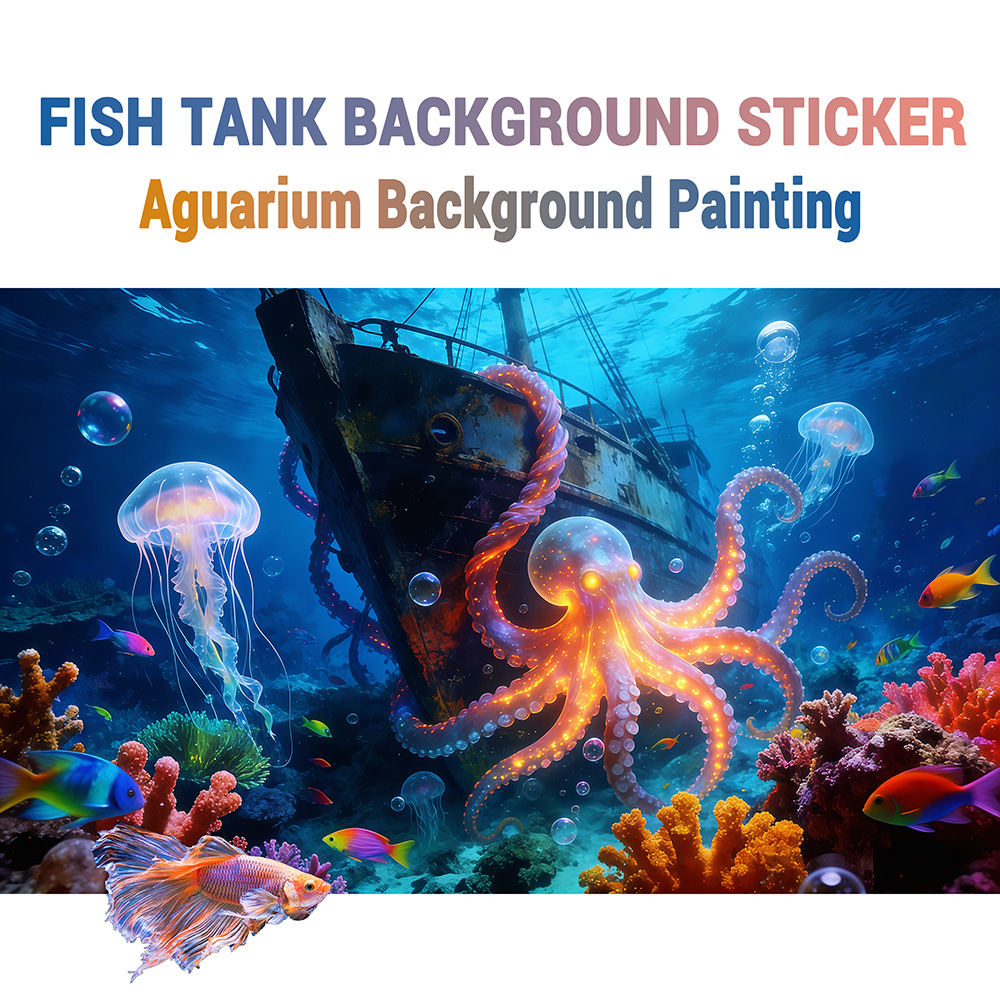 Aquarium Fish Paradise - สติกเกอร์ติดพื้นหลังตู้ปลา ลาย Octopus Paradise สติกเกอร์แบบมีกาวในตัวสำหรับตู้ปลาและตู้เลี้ยงสัตว์เลื้อยคลาน
